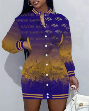 Baltimore Ravens Women Button Down Jacket Dress AZBTBDJD000370